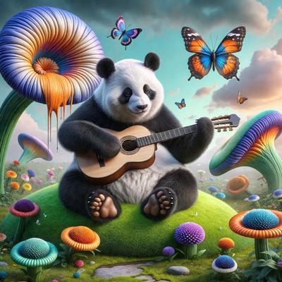 The primary subject of the image is a panda bear sitting on a mushroom, holding a guitar. The setting is a whimsical, colorful environment with various mushrooms and flowers surrounding the panda. The visual style is a digital art or illustration, creating a playful and imaginative atmosphere. The colors and mood are predominantly bright and cheerful, with a focus on the panda bear's unique and fun interaction with the guitar.